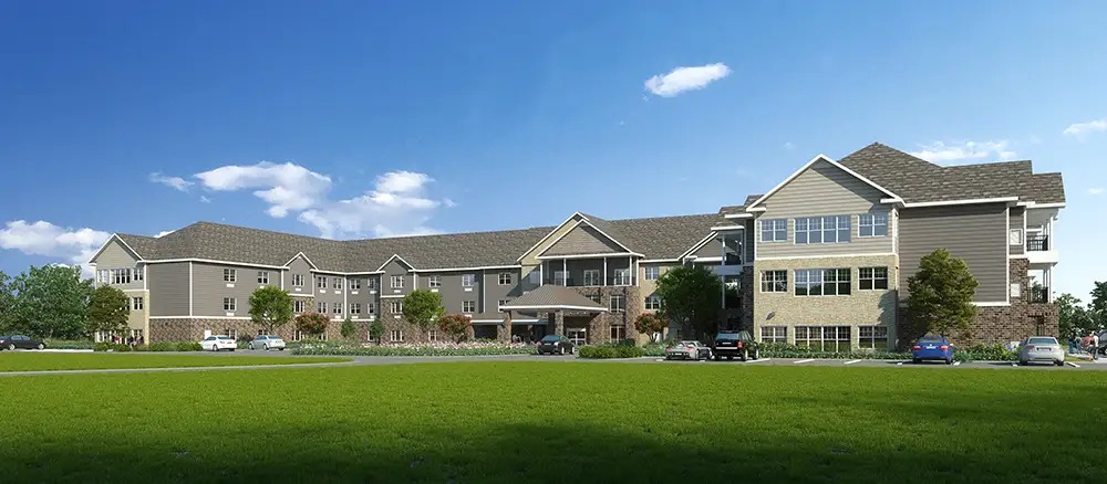 community rendering of building, parking lot, and grounds