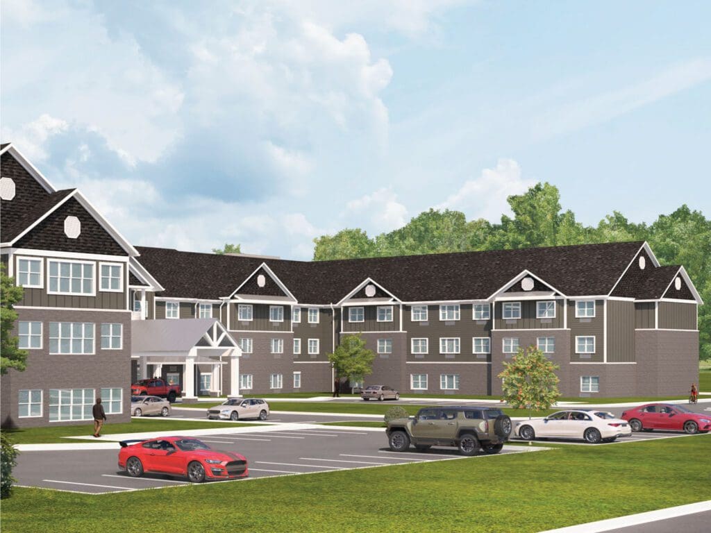 rendering of community, parking lot, and people